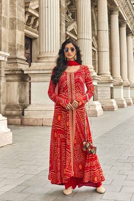 Red embroidered georgette free sizestitched palazzo anarkali.(size Free size full stitched Up To 42") 1