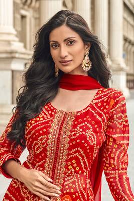 Red embroidered georgette free sizestitched palazzo anarkali.(size Free size full stitched Up To 42") 2