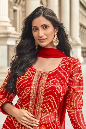 Red embroidered georgette free sizestitched palazzo anarkali.(size Free size full stitched Up To 42")