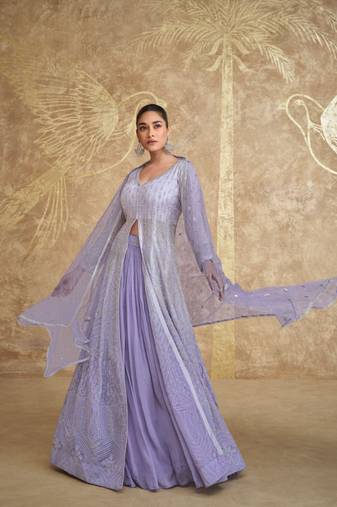 Lavender embroidered georgette free sizestitched lehenga anarkali.(size up to 42")