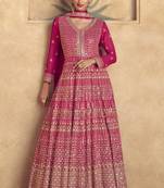 Pink embroidered georgette free sizestitched gown.(size Free size full stitched Up To 42")