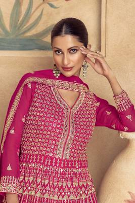 Pink embroidered georgette free sizestitched gown.(size Free size full stitched Up To 42") 2