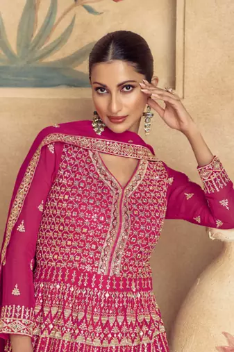 Pink embroidered georgette free sizestitched gown.(size Free size full stitched Up To 42")