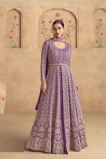 Lavender embroidered georgette free sizestitched gown.(size up to 42")