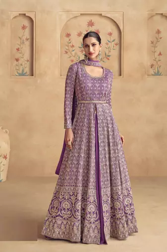 Lavender embroidered georgette free sizestitched gown.(size up to 42")
