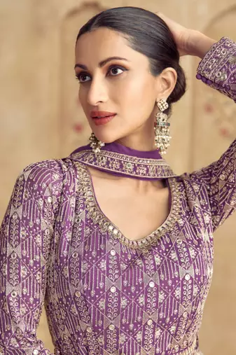 Lavender embroidered georgette free sizestitched gown.(size up to 42")
