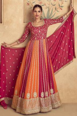 Pink & orange embroidered georgette free sizestitched gown.(size up to 42") 1