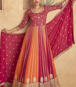 Pink & orange embroidered georgette free sizestitched gown.(size up to 42")