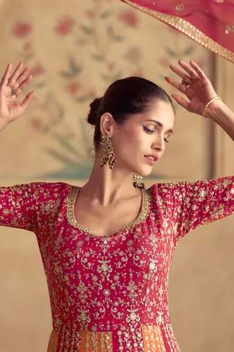Pink & orange embroidered georgette free sizestitched gown.(size up to 42")
