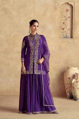 Purple embroidered silk free size stitched palazzo straight.(size Free size full stitched Up To 42") 1