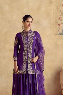 Purple embroidered silk free size stitched palazzo straight.(size Free size full stitched Up To 42") 2