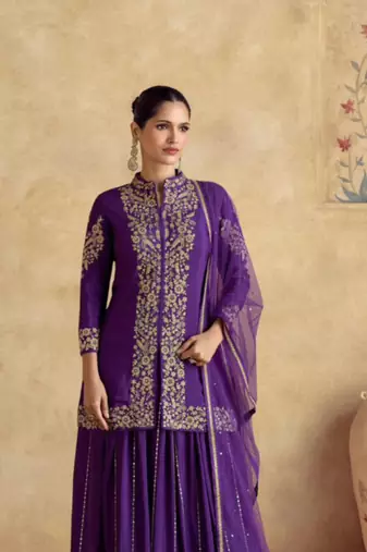 Purple embroidered silk free size stitched palazzo straight.(size Free size full stitched Up To 42")