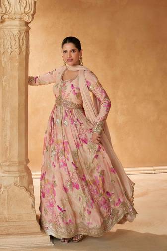 Peach embroidered silk free size stitched gown.(size Free size full stitched Up To 42")