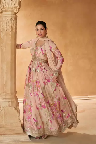 Peach embroidered silk free size stitched gown.(size Free size full stitched Up To 42")