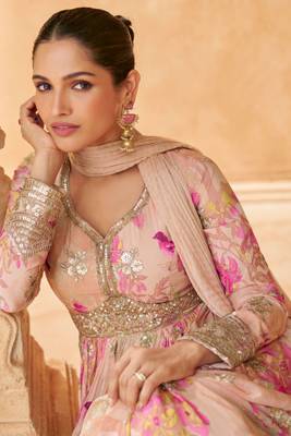 Peach embroidered silk free size stitched gown.(size Free size full stitched Up To 42") 2
