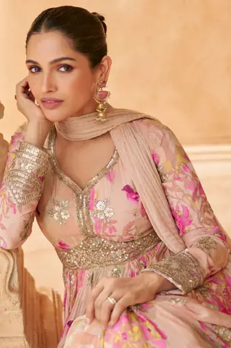 Peach embroidered silk free size stitched gown.(size Free size full stitched Up To 42")