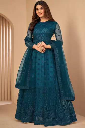Appetizing Teal Blue Net Semi Stitched Wedding Women's Salwar Kameez Semi stitched