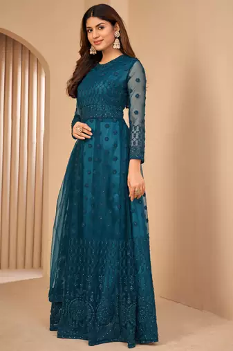 Appetizing Teal Blue Net Semi Stitched Wedding Women's Salwar Kameez Semi stitched