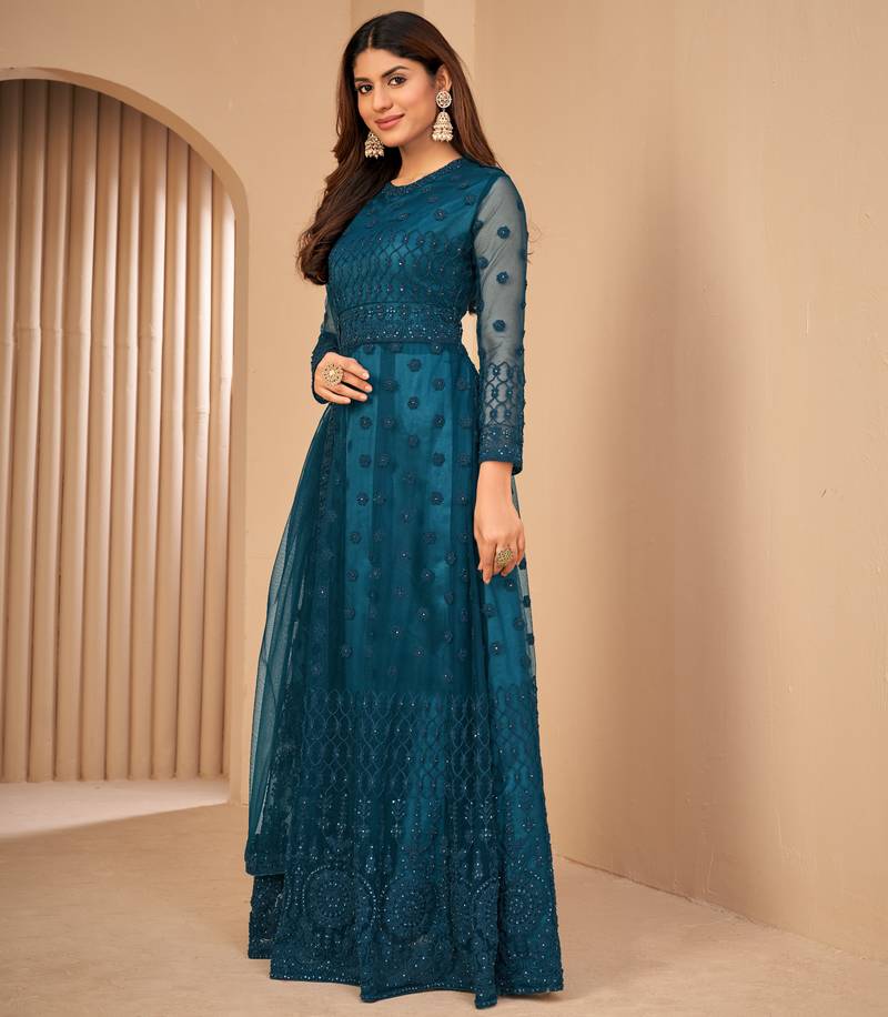 Appetizing Teal Blue Net Semi Stitched Wedding Women's Salwar Kameez Semi stitched