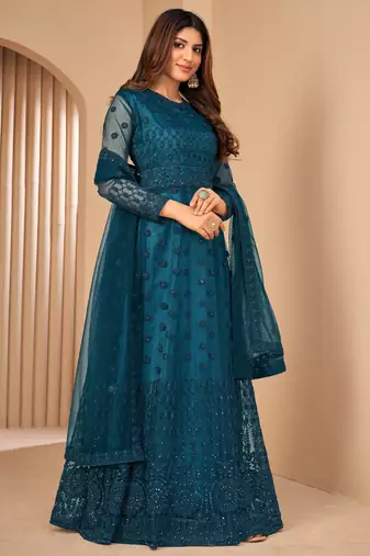 Appetizing Teal Blue Net Semi Stitched Wedding Women's Salwar Kameez Semi stitched