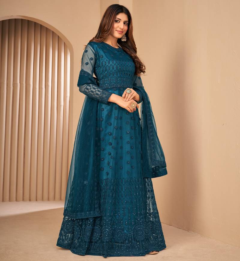 Appetizing Teal Blue Net Semi Stitched Wedding Women's Salwar Kameez Semi stitched