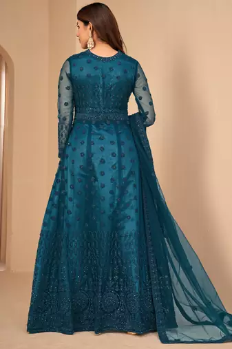 Appetizing Teal Blue Net Semi Stitched Wedding Women's Salwar Kameez Semi stitched
