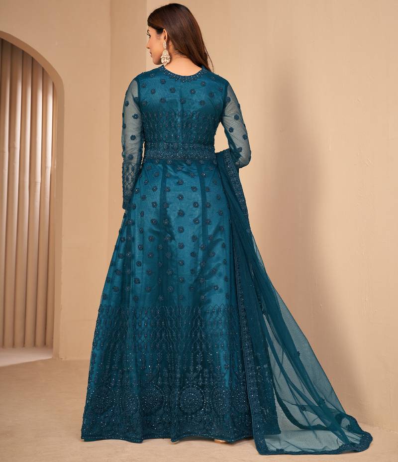 Appetizing Teal Blue Net Semi Stitched Wedding Women's Salwar Kameez Semi stitched