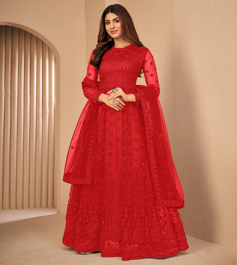 Provocative Red Net Semi Stitched Wedding Women's Salwar Kameez Semi stitched