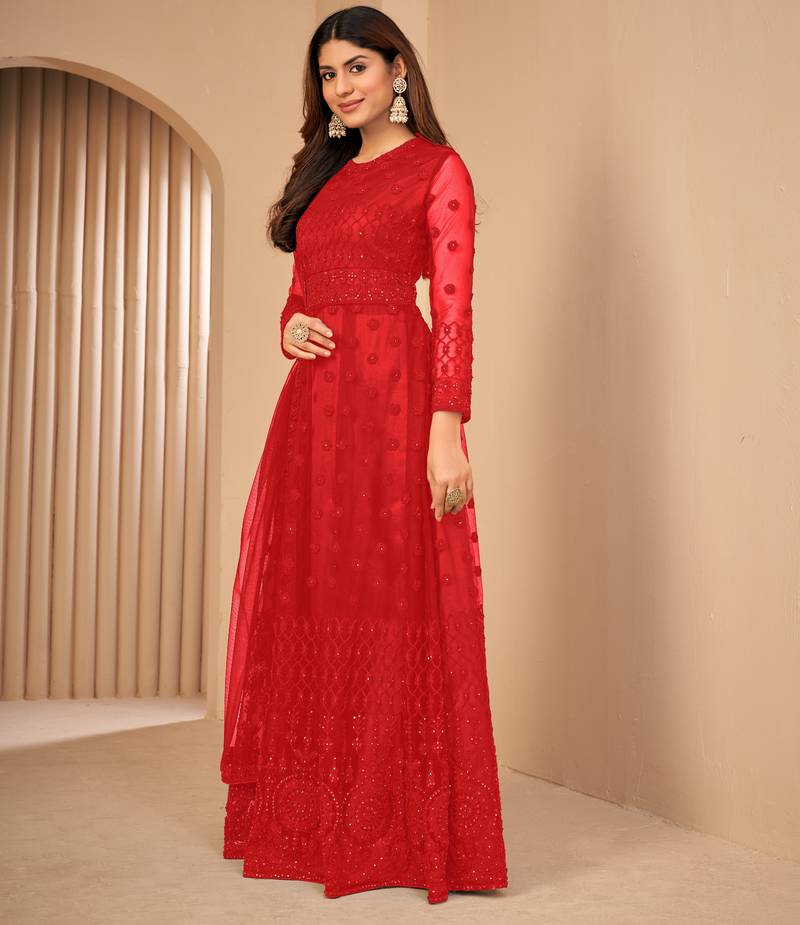 Provocative Red Net Semi Stitched Wedding Women's Salwar Kameez Semi stitched