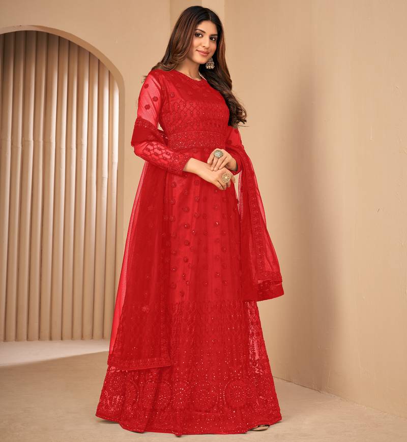 Provocative Red Net Semi Stitched Wedding Women's Salwar Kameez Semi stitched