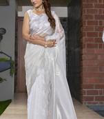 Embellished Beads & Stone Border White Organza Silk Saree With Matching Blouse