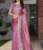 Embellished Beads & Stone Border Pink Organza Silk Saree With Matching Blouse