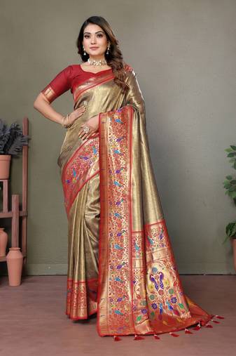 Mahendi mardani tissue silk bland paithani style border saree with Blouse