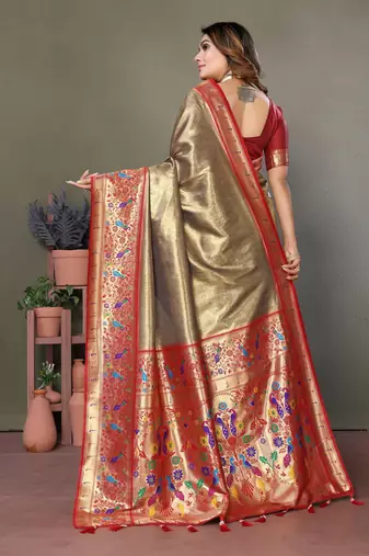 Mahendi mardani tissue silk bland paithani style border saree with Blouse