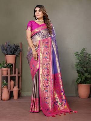Purple mardani tissue silk bland paithani style border saree with Blouse 1
