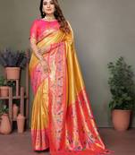 Yellow mardani tissue silk bland paithani style border saree with Blouse