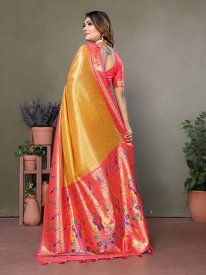 Yellow mardani tissue silk bland paithani style border saree with Blouse 3