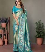 Teal  mardani tissue silk bland paithani style border saree with Blouse