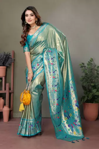 Teal  mardani tissue silk bland paithani style border saree with Blouse