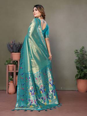 Teal  mardani tissue silk bland paithani style border saree with Blouse 4