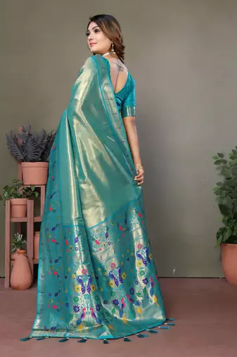 Teal  mardani tissue silk bland paithani style border saree with Blouse