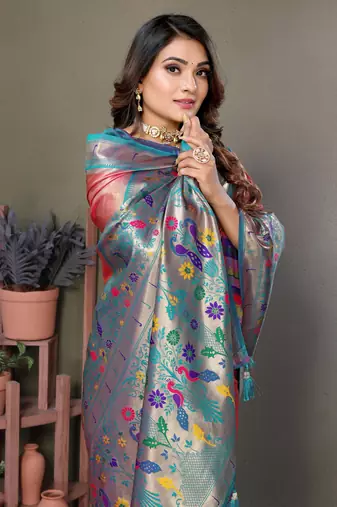 Red mardani tissue silk bland paithani style border saree with Blouse