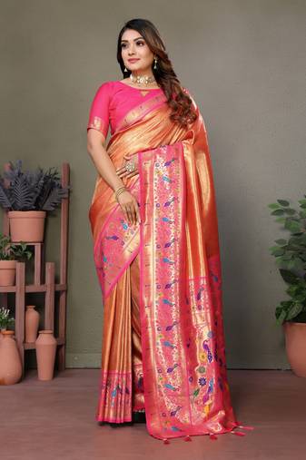 Orange mardani tissue silk bland paithani style border saree with Blouse