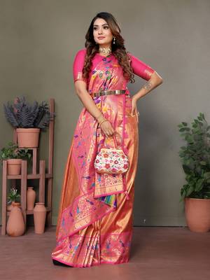 Orange mardani tissue silk bland paithani style border saree with Blouse 3