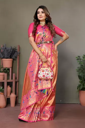 Orange mardani tissue silk bland paithani style border saree with Blouse