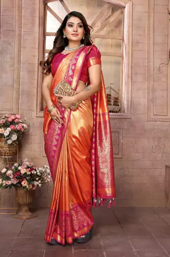 Orange Sundari tissue silk bland banarasi style border saree with Blouse