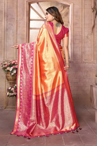 Orange Sundari tissue silk bland banarasi style border saree with Blouse