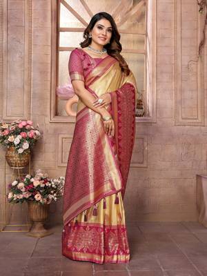 Light Yellow Sundari tissue silk bland banarasi style border saree with Blouse 3