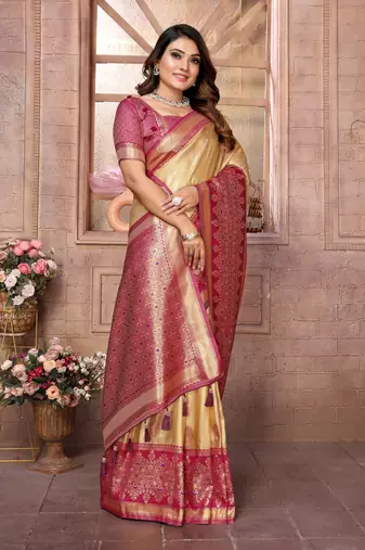 Light Yellow Sundari tissue silk bland banarasi style border saree with Blouse