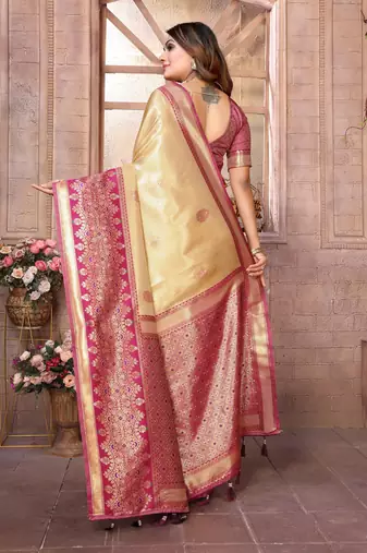 Light Yellow Sundari tissue silk bland banarasi style border saree with Blouse